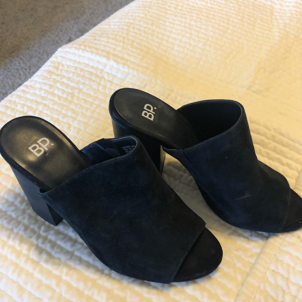 Black suede open toe mules